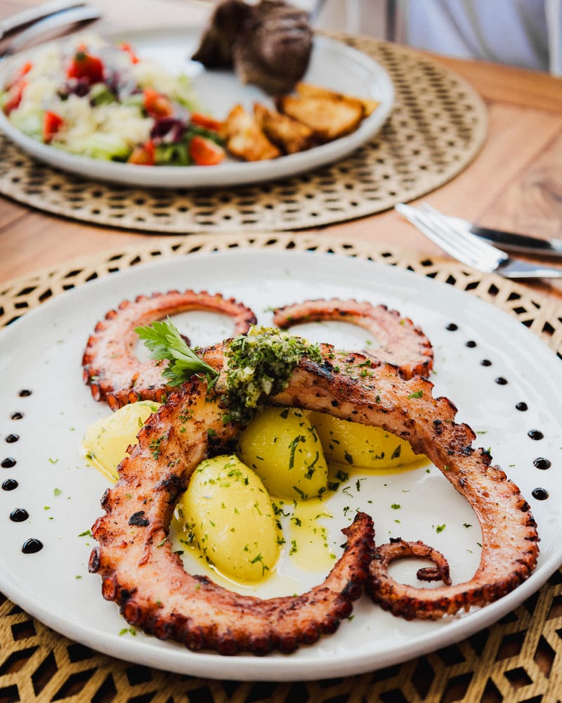 Pulpo a la parrilla con papas y chimichurri
